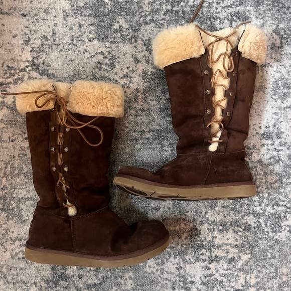 UGG Upside Down Tall suede leather lace up sherpa lined warm boots | women's 9 - Picture 2 of 7